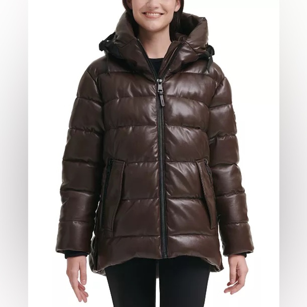 DKNY Women's Faux-Leather Hooded Puffer Coat